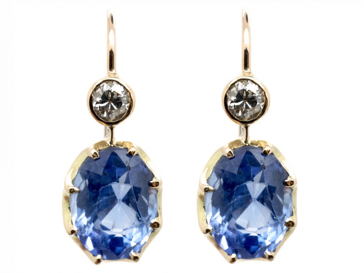 Edwardian 18ct Gold Ceylon Sapphire & Diamond Earrings