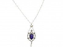 Edwardian Amethyst Diamond & Pearl Platinum Necklace in Original Case