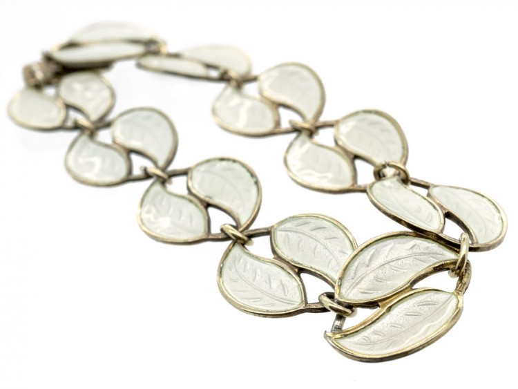 Silver & White Enamel Leaf Bracelet by Willy Winnaes for David Andersen