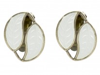 Silver & White Enamel Leaf Earrings by Willy Winnaes for David Andersen