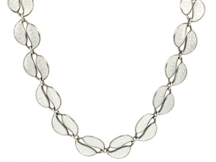 Silver ​& White Enamel Leaf Necklace by Willy Winnaes for David Andersen