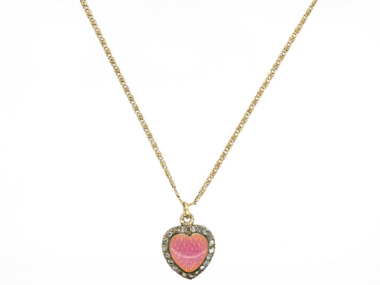 Edwardian 15ct Gold Pink Enamel & Rose Diamond Heart Shaped Pendant on Original Chain