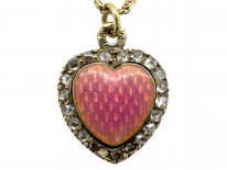 Edwardian 15ct Gold Pink Enamel & Rose Diamond Heart Shaped Pendant on Original Chain
