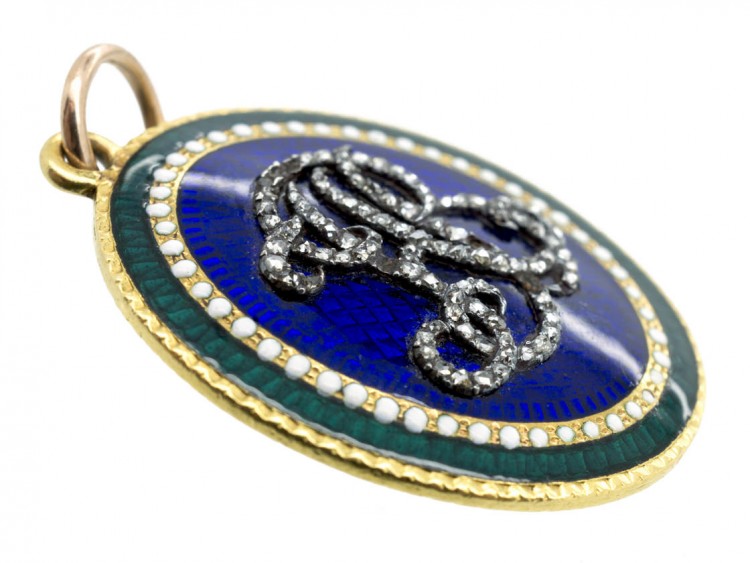 Georgian Gold Blue White & Green Enamel Pendant with Diamond Set Initials A B