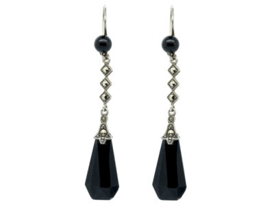 Art Deco Silver, Black Glass & Marcasite Drop Earrings