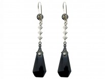 Art Deco Silver, Black Glass & Marcasite Drop Earrings