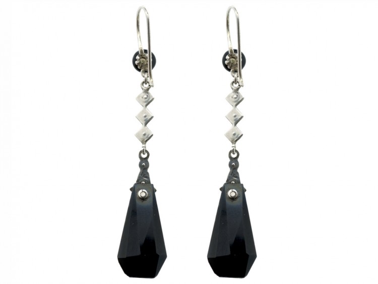 Art Deco Silver, Black Glass & Marcasite Drop Earrings