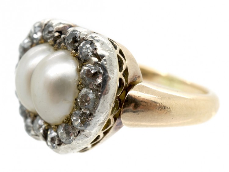 Victorian 18ct Gold Heart Shaped Ring Set with Diamonds & Natural Double Heart Shaped Pearl