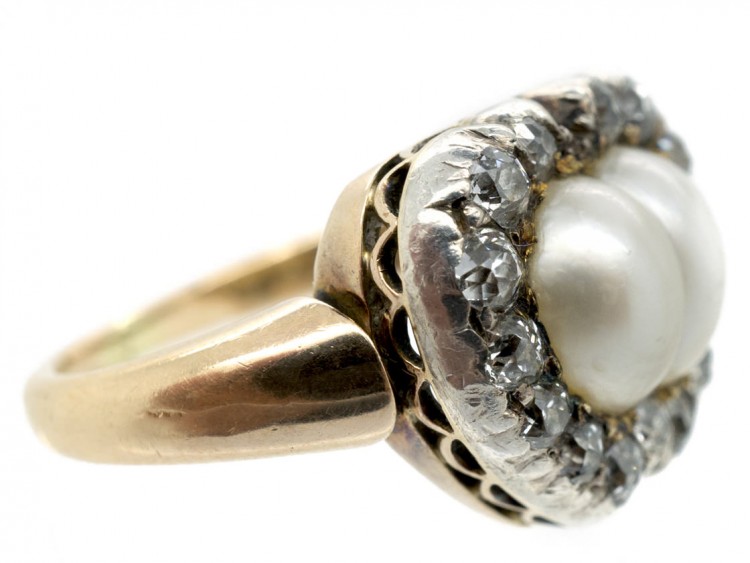 Victorian 18ct Gold Heart Shaped Ring Set with Diamonds & Natural Double Heart Shaped Pearl