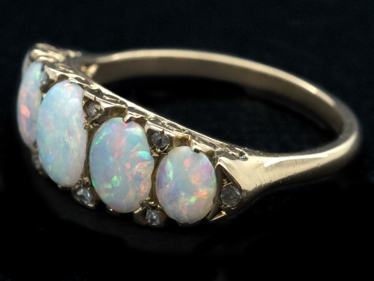 Victorian 18ct Gold Opal & Diamond Five Stone Carved Hoop Ring
