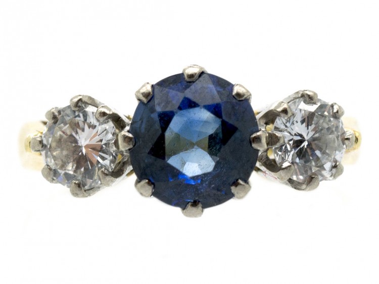 Natural Ceylon Sapphire & Diamond Three Stone Ring