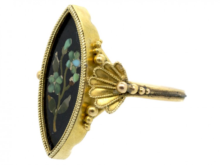Victorian 18ct Gold Pietra Dura Forget Me Not Marquise Ring