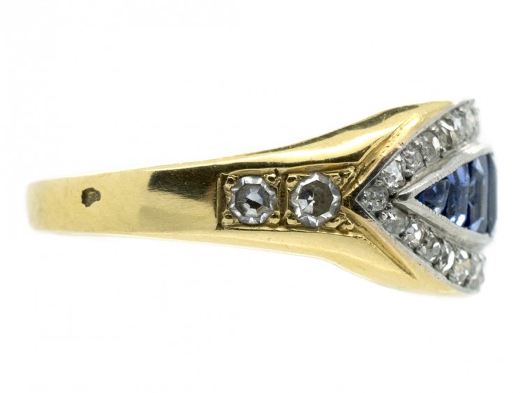 18ct Gold French Art Deco Sapphire & Diamond Boat Shaped Ring
