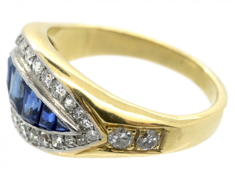 18ct Gold French Art Deco Sapphire & Diamond Boat Shaped Ring