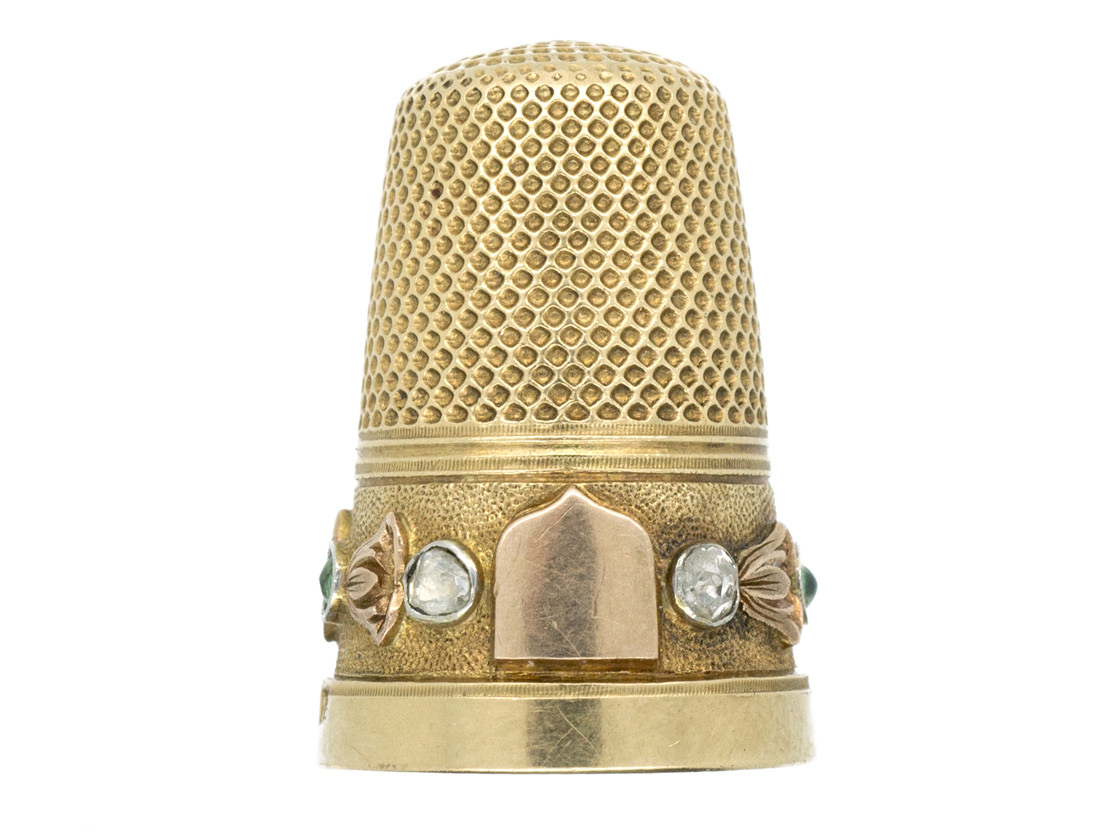 Victorian 15ct Three Colour Gold Thimble set with Emeralds & Rose