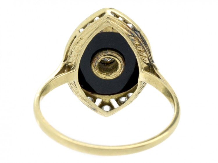 Art Deco 18ct Gold & Platinum Diamond, Onyx & Emerald Marquise shaped Ring