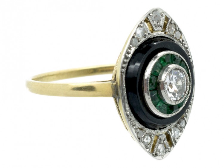 Art Deco 18ct Gold & Platinum Diamond, Onyx & Emerald Marquise shaped Ring