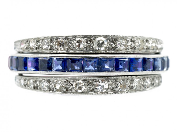 Art Deco 18ct White Gold Diamond Sapphire & Ruby Flipover Night & Day  Ring