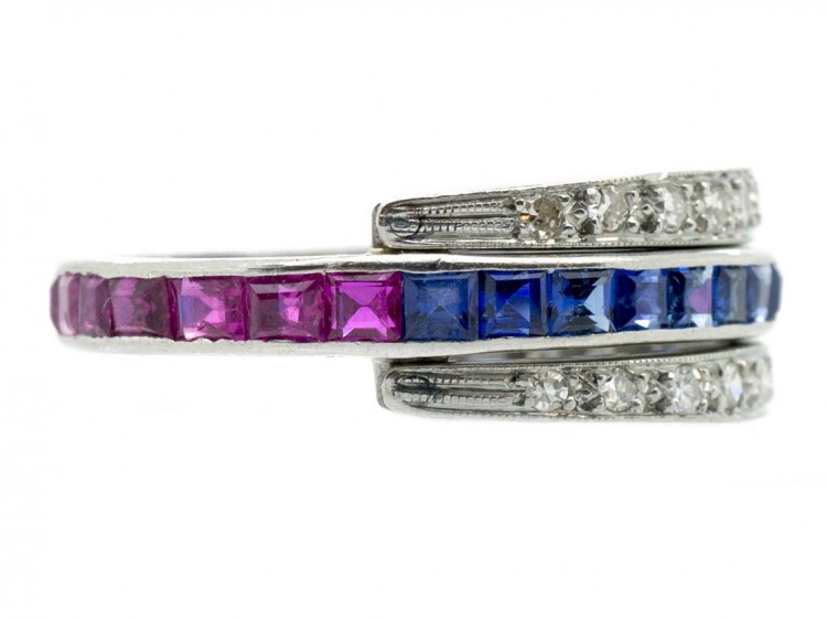 Art Deco 18ct White Gold Diamond Sapphire & Ruby Flipover Night & Day  Ring