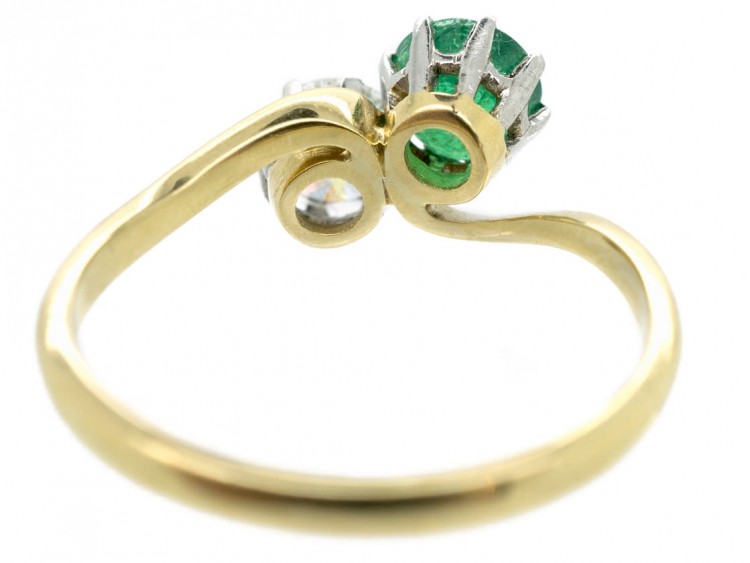 Edwardian 18ct Gold & Platinum Diamond & Emerald Crossover Ring