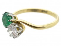 Edwardian 18ct Gold & Platinum Diamond & Emerald Crossover Ring
