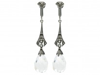 Art Deco Silver, Rock Crystal & Marcasite Drop Earrings