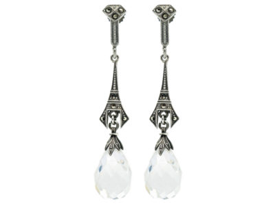 Art Deco Silver, Rock Crystal & Marcasite Drop Earrings