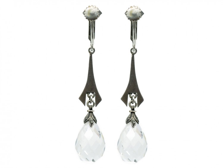 Art Deco Silver, Rock Crystal & Marcasite Drop Earrings