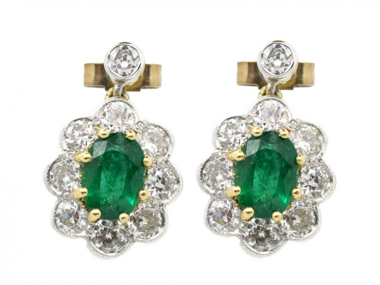 Emerald & Diamond Drop Cluster Earrings