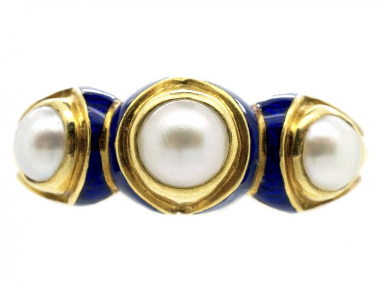 Victorian 18ct Gold Royal Blue Enamel & Natural Pearl Ring