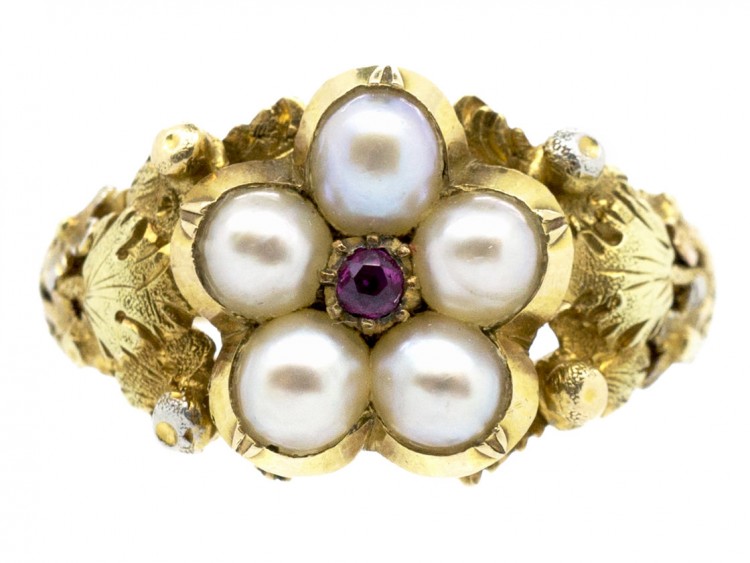Georgian Three Colour 18ct Gold, Natural Pearl & Ruby Cluster Ring