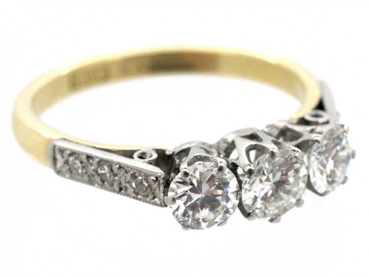 18ct Gold & Platinum Diamond Three Stone Ring with Diamond Set Shoulders