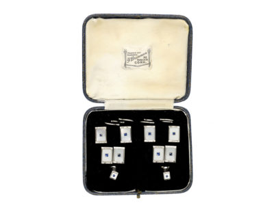 Art Deco 9ct White Gold & Sapphire Cufflinks Studs & Buttons Set in Original Case