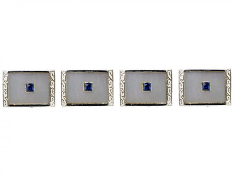 Art Deco 9ct White Gold & Sapphire Cufflinks Studs & Buttons Set in Original Case
