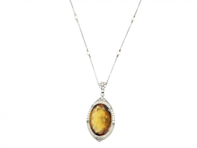 Edwardian Citrine Intaglio Pendant of Boy with Thorn on Natural Pearl & 18ct White Gold Chain