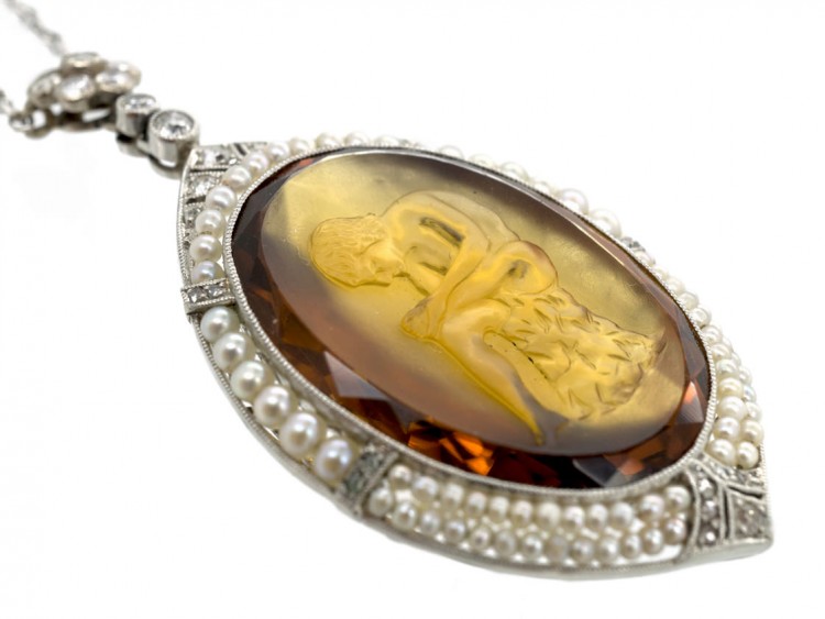 Edwardian Citrine Intaglio Pendant of Boy with Thorn on Natural Pearl & 18ct White Gold Chain