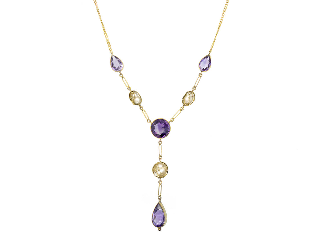 9ct Gold Amethyst & Caged Pearl Necklace (362G) | The Antique Jewellery ...