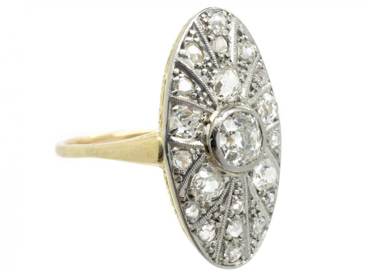 Art Deco 14ct Gold Oval Starburst Design Diamond Ring
