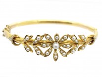 15ct Gold & Natural Split Pearl Victorian Bangle in Original Case