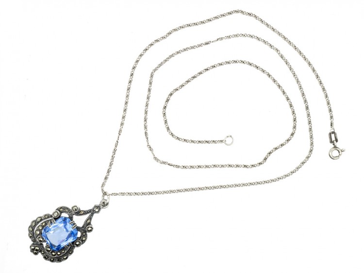 Art Deco Silver Blue Paste & Marcasite Pendant on a Silver Chain