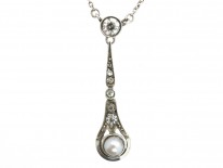 Art Deco Silver, Paste & Cultured Pearl Pendant on Silver Chain
