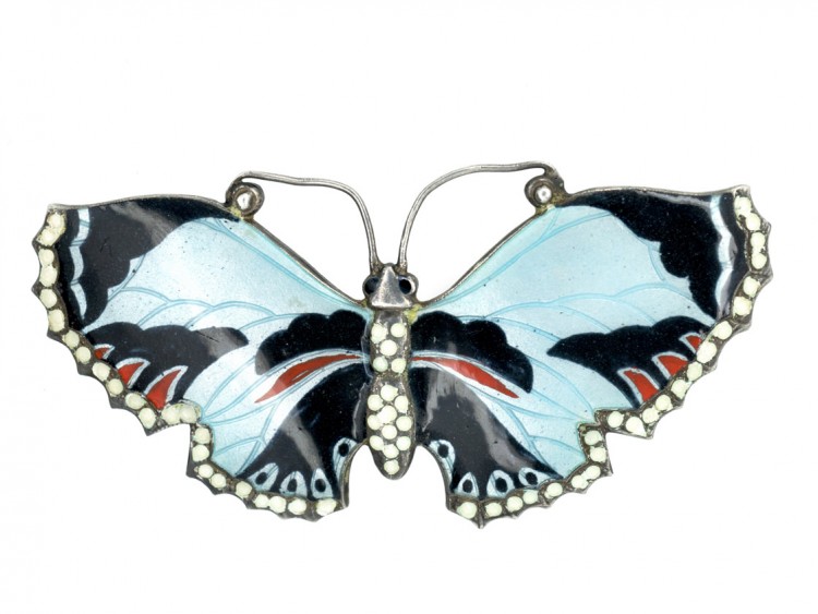 Silver Blue, White, Red & Black Butterfly Brooch