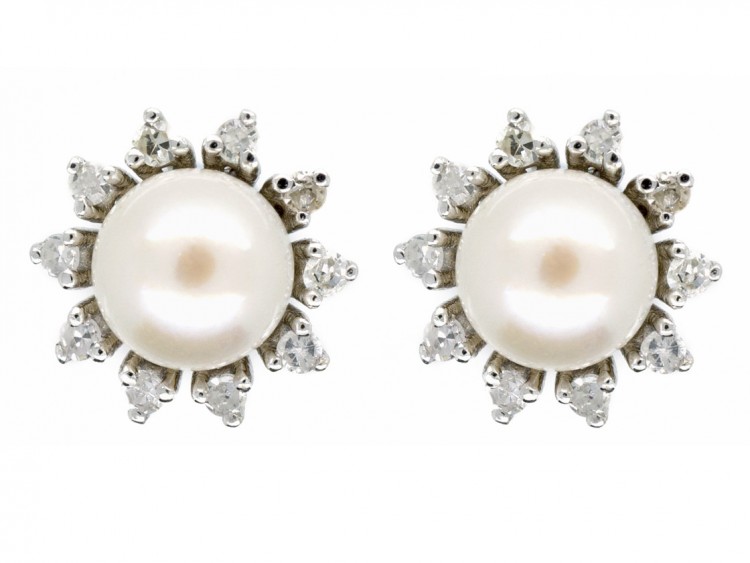 18ct White Gold Pearl & Diamond Cluster Earrings