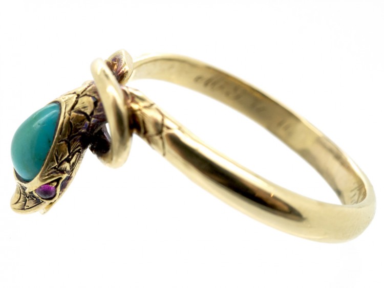 Victorian 18ct Gold Snake Ring set with a Turquoise & Ruby Eyes