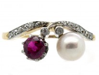 18ct Gold & Platinum Art Nouveau Ruby, Natural Pearl & Diamond Ring