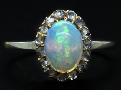 Edwardian 18ct Gold Oval Cluster Ring Set With an Opal & Rose Diamonds