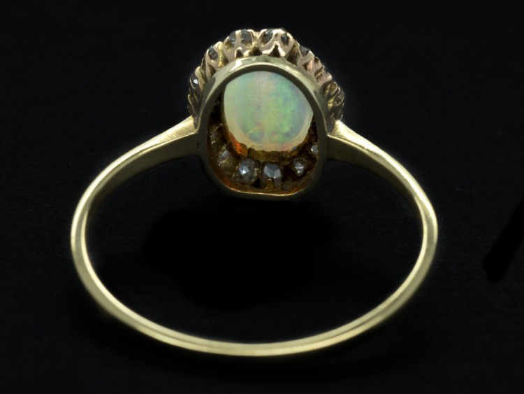Edwardian 18ct Gold Oval Cluster Ring Set With an Opal & Rose Diamonds