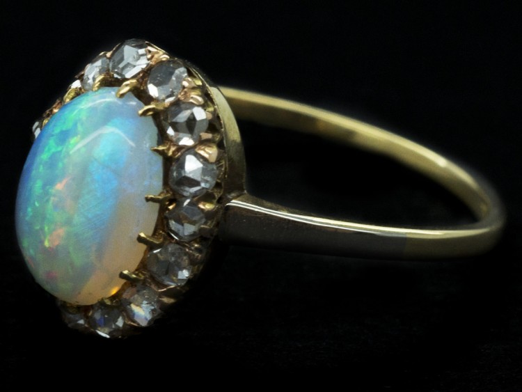 Edwardian 18ct Gold Oval Cluster Ring Set With an Opal & Rose Diamonds