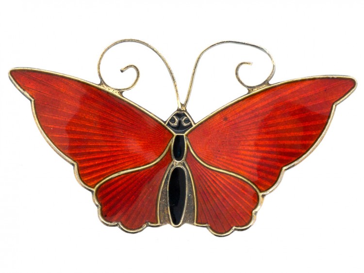 Silver & Red Enamel Butterfly Brooch by David Andersen