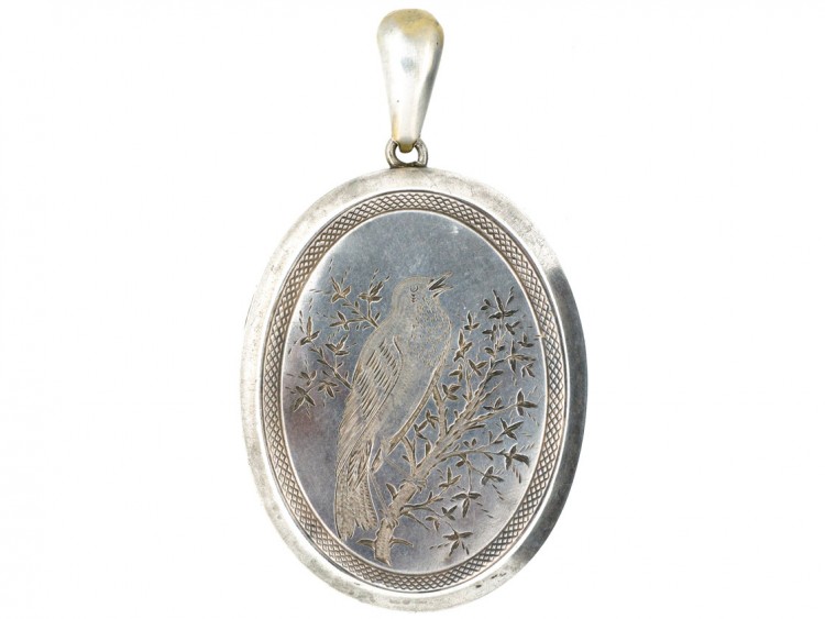 Victorian Silver Locket with Engraved Song Bird